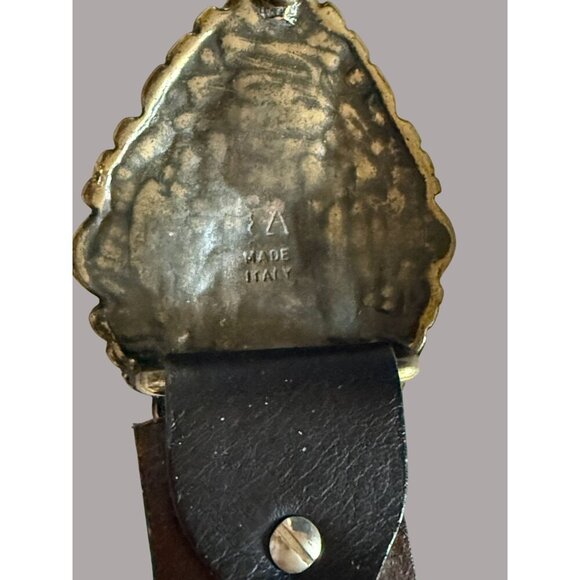 Vera Pelle Vintage Made In Italy Black Leather Belt Ornate Gold Buckle Inlays - Picture 5 of 8